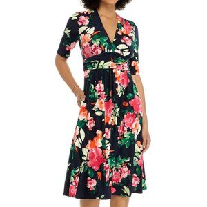 Vince Camuto 4 Women's Midi Ruched Dress Navy Blue Floral V Neck Stretch Swing